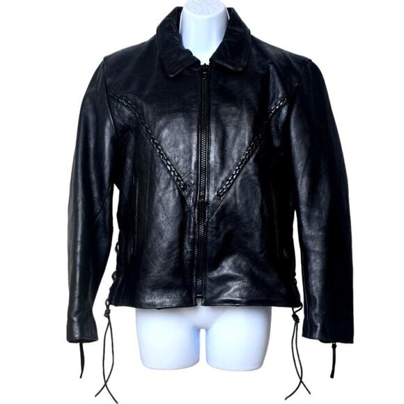 UNIK Black Leather Motorcycle Jacket Removable Insulated Liner Braided Women's M